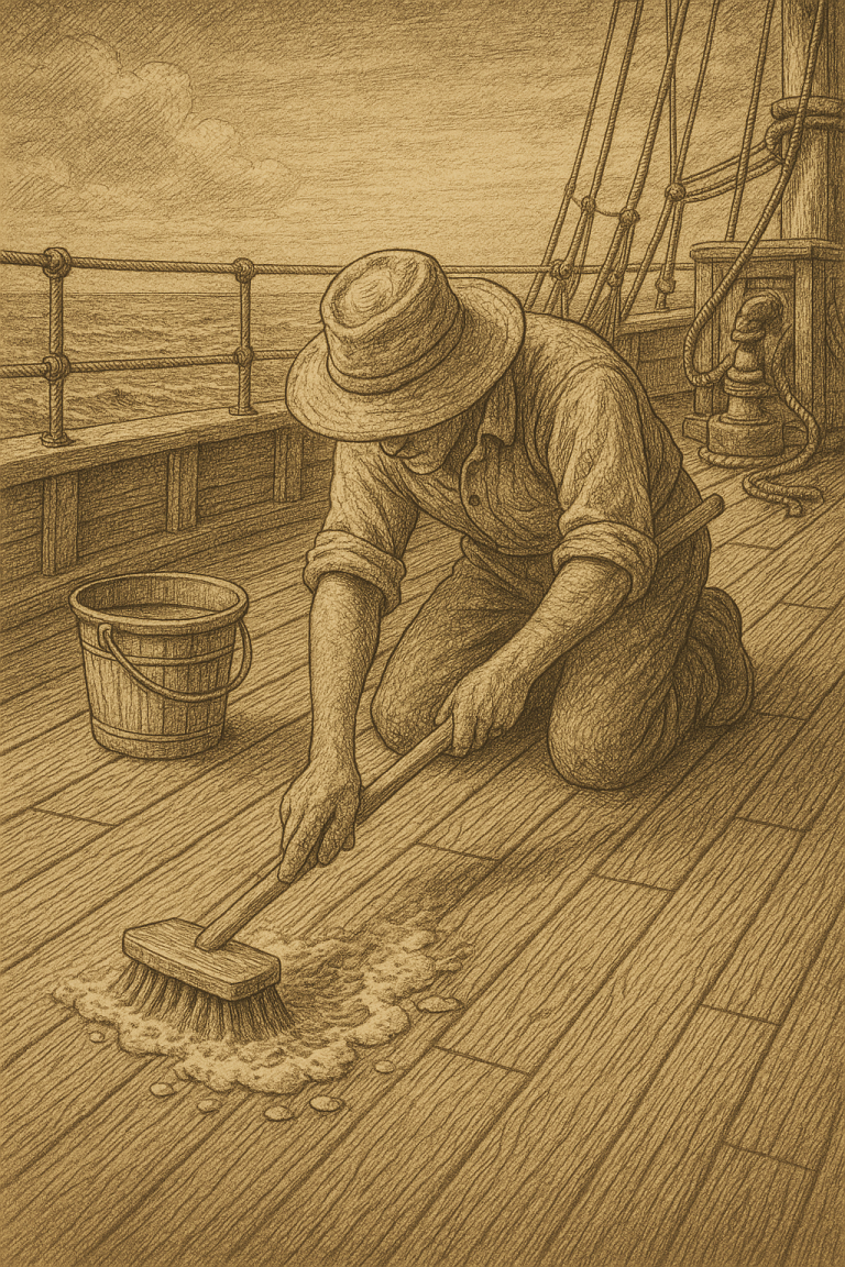 Stilisierte Sepia-Zeichnung eines Matrosen mit Hut, der kniend ein Schiffsdeck mit Schrubber und Eimer reinigt.