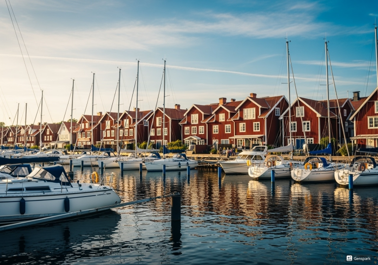 Zahlreiche Segelboote in idyllischem Hafen vor traditionellen roten Holzhäusern.