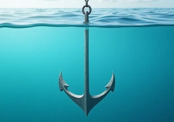 Anker wird im klaren Wasser vor einem ruhigen Hafen gesetzt