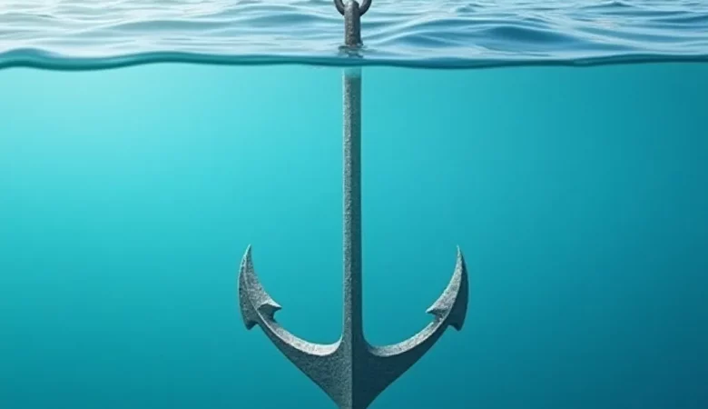 Anker wird im klaren Wasser vor einem ruhigen Hafen gesetzt