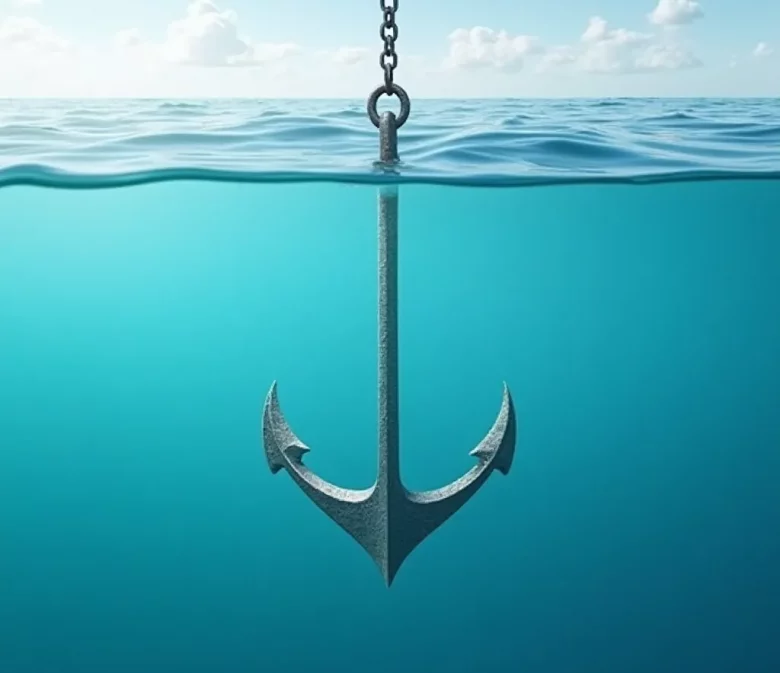 Anker wird im klaren Wasser vor einem ruhigen Hafen gesetzt