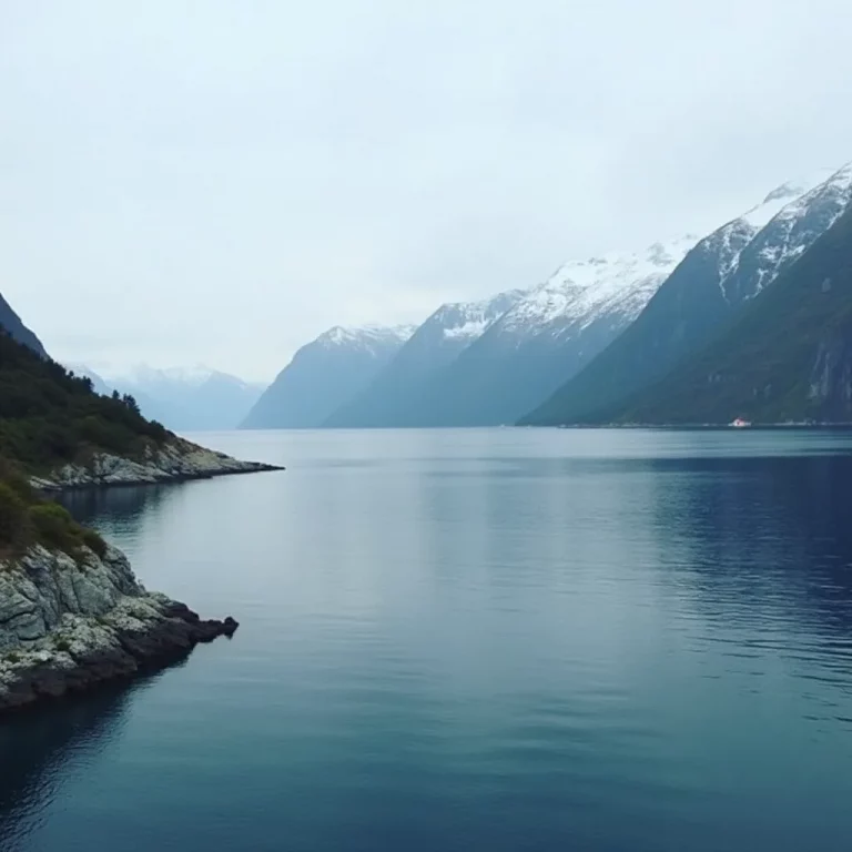 Fjord mit schneebedeckten Bergen und ruhigem Wasser – norwegische Fjordlandschaft im Nebel.