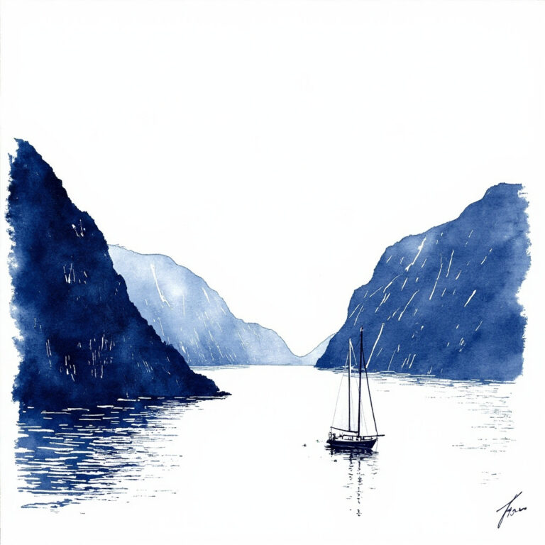 Norwegian fjord sailing illustration