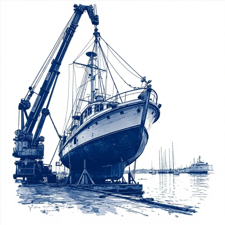 Boat hoisted by crane for inspection