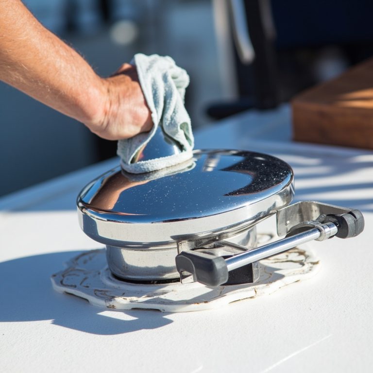 Segler poliert mit Mikrofasertuch einen glänzenden Edelstahl-Cleat auf einem weißen Segelboot-Deck, detaillierte Nahaufnahme der Nirobeschlag-Pflege.