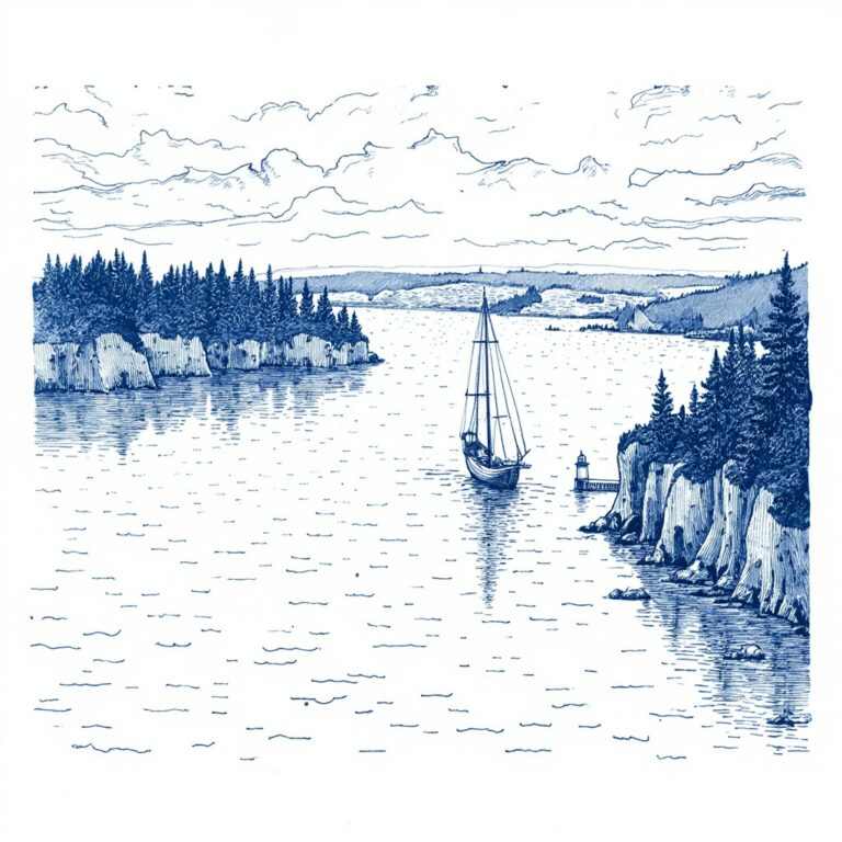 Segelboot in der Kieler Förde mit Leuchtturm und Steilküste, Tusche-Illustration