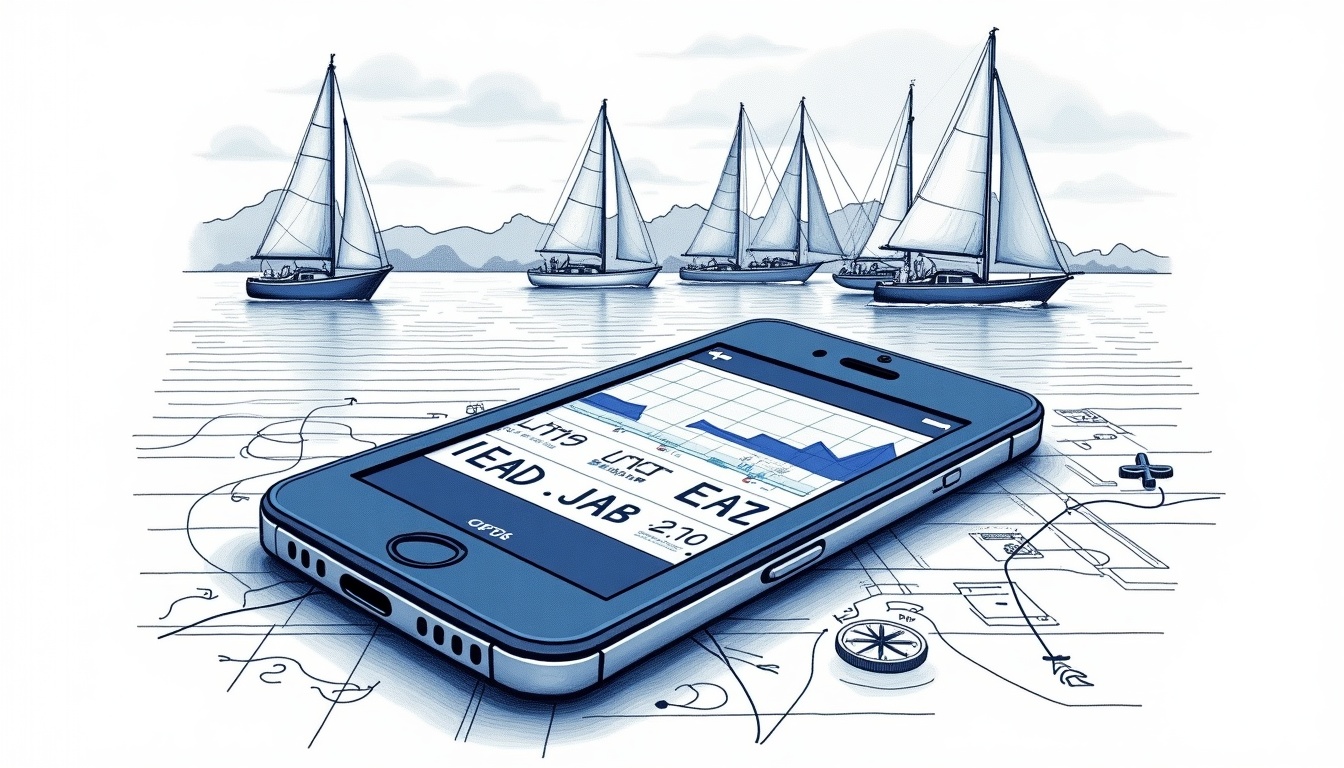 Smartphone mit Segel-App und GPS-Track in dunksm Marineblau auf weißem Hintergrund